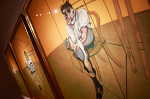 Die drei Bilder des Triptychons zeigen den sitzenden Freud - das Gesicht wie bei Bacon üblich entstellt und übermalt.