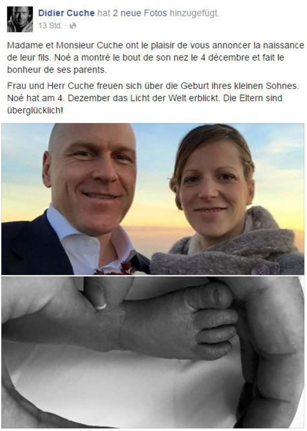 Didier Cuche und seine Frau Manuela verkünden die frohe Botschaft auf Facebook.