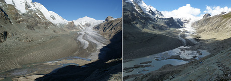 Die Zunge der Pasterze aufgenommen am 22. September 2010 (l.) und am 19. September 2014 (r).