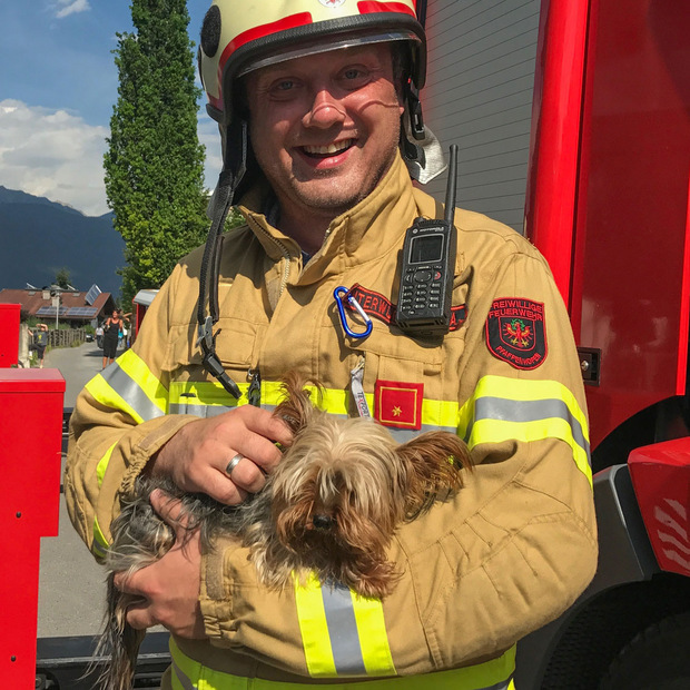 Die Feuerwehr kümmerte sich liebevoll um den aus der Wohnung geretteten Hund.