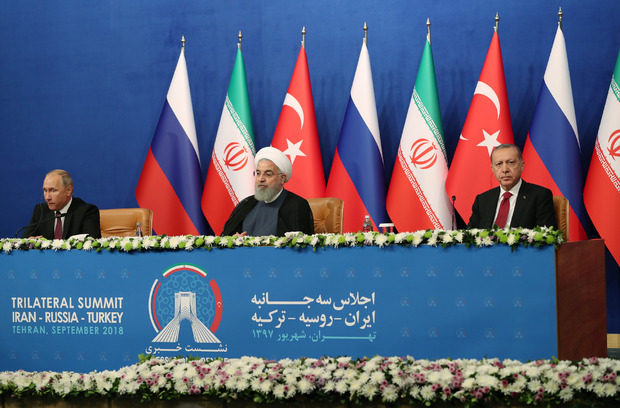 Russlands Präsident Wladimir Putin, der iranische Präsident Hassan Rouhani und der türkische Präsident Recep Tayyip Erdogan.