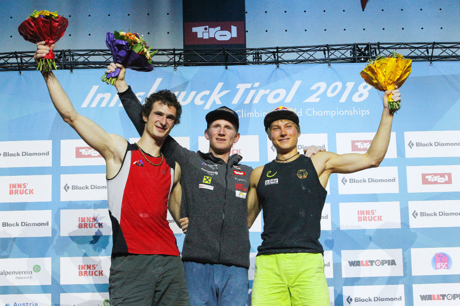 Die fantastischen drei vom Sonntagabend, von links: Adam Ondra, Jakob Schubert und Alex Megos.
