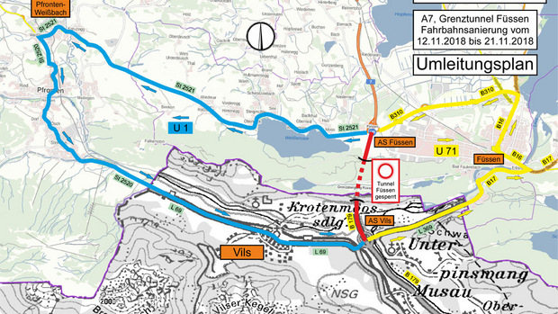 Umleitungsplan für die Sperre des Grenztunnels Füssen-Reutte.