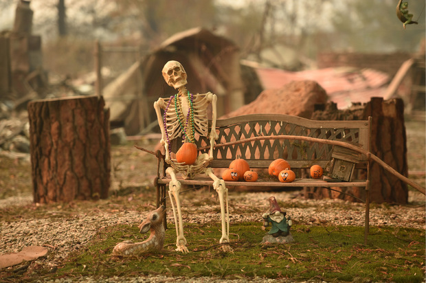 Makaberer Anblick: Eine Halloween-Dekoration hat dem Feuer getrotzt.