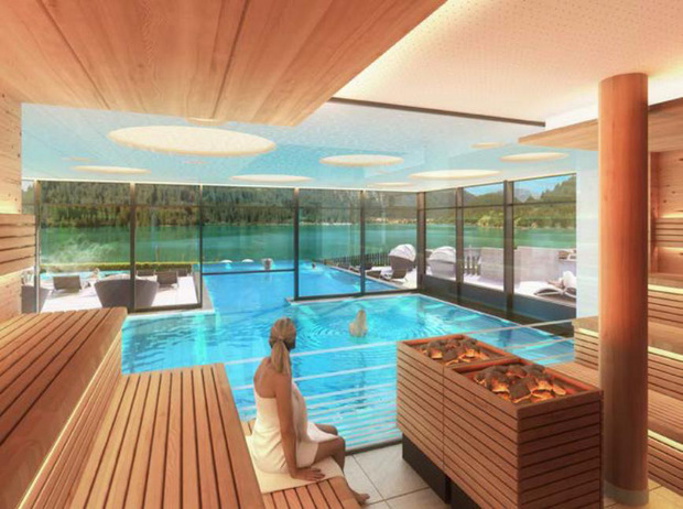Mit einem Millionenaufwand werden im Tannheimer Tal Wohlfühloasen für Urlauber geschaffen: Sauna mit Seeblick im neuen Hotel „haldensee“ in Haller.