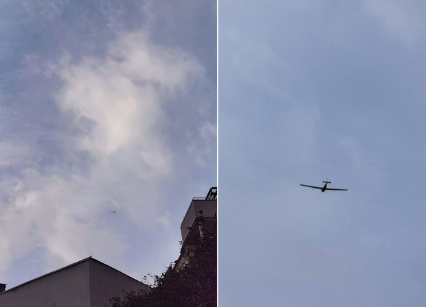Foto links: Das Flugzeug ist kaum zu erkennen. Foto rechts: Mit dem P30 Pro herangezoomt - und immernoch scharf.