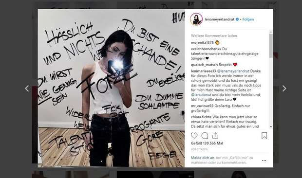 Vergangenen November veröffentliche Lena Meyer-Landrut ein Selfie mit den Beschimpfungen, die sie jeden Tag erreichen, auf Instagram.