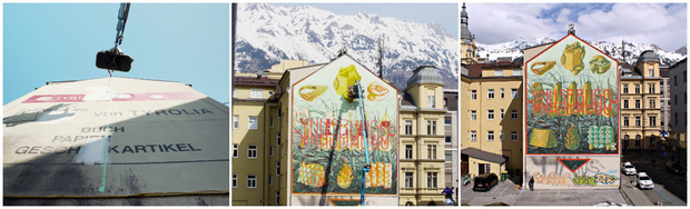 Vorher war die Hauswand eine Werbefläche der Tyrolia.
