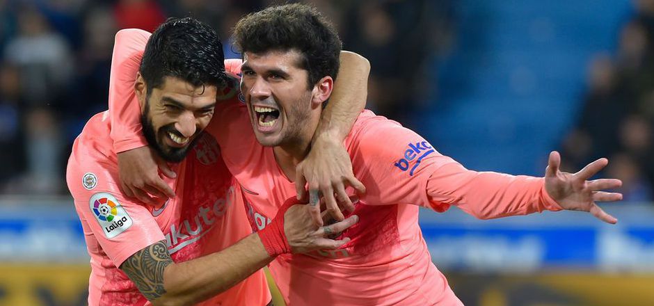 Barca-Torschützen unter sich: Luis Suarez und Carles Alena.