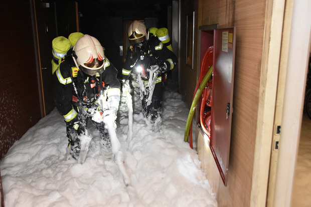 insatzkräfte der Feuerwehr bei der Brandbekämpfung.