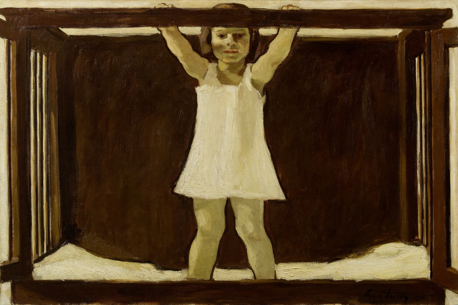 Albin Egger-Lienz, Die Tochter des Künstlers Ila im Kinderbettchen, 1916,
86,5 x 133 cm, Öl auf Leinwand,
Leopold Privatsammlung.