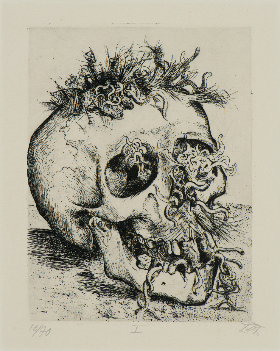 Otto Dix, Schädel, aus: Radierwerk VI -Der Krieg - Mappe 4, 1924, 47,7 x 35,3 cm, Radierung, Zeppelin Museum Friedrichshafen, Leihgabe Land Baden-Württemberg.