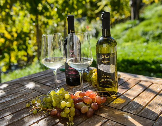 Besonders gut wird in seinem Garten der Solariswein (r.). Produziert werden aber auch Rot- und Roséweine.