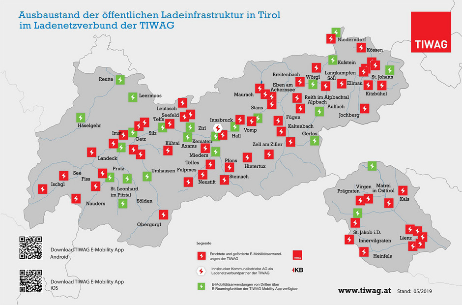 Mit über 70 Standorten von Ischgl bis Lienz betreibt die TIWAG das größte Ladenetz Tirols.