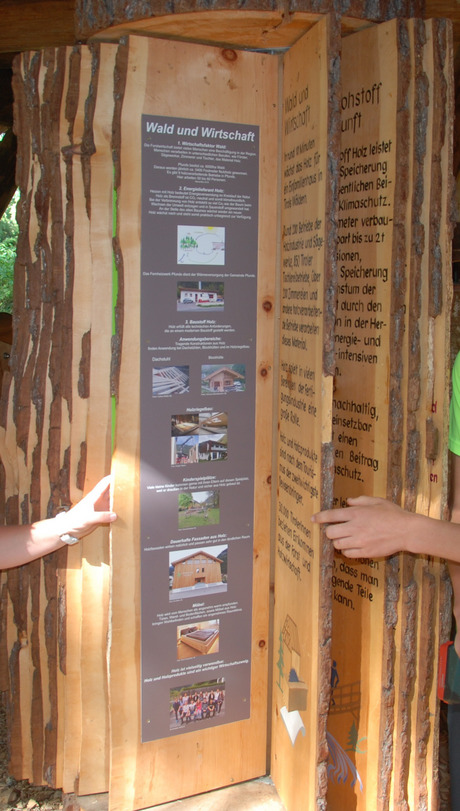 Die 4b-Klasse der NMS Pfunds hat ihre Erkundungen zum Thema Wald und Wirtschaft auf einer Doppelseite für das Pfundser Baumbuch (r.) zusammengefasst.