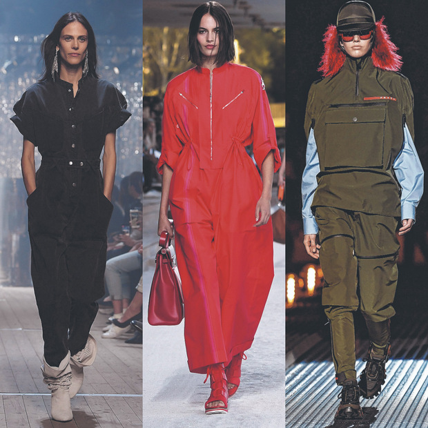 Isabel Marant kombiniert zum dunklen Overall für den Sommer helle Stiefel und Glitzer-Ohrringe. Hermès spielt mit grellem Rot, Raffungen um die Taille und weiten Hosenbeinen. Prada nimmt mit dunklem Grün und Brusttasche Anleihen am Militär.