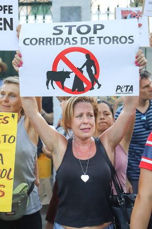Vor der Arena protestierten Tierschützer gegen das Spektakel, dessen Höhepunkt das Töten von Bullen darstellt.
