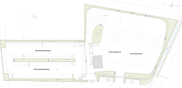 Im neuen Logistikzentrum der Pfeifer Group werden die An- und Abtransporte gewogen und verteilt, eine Lkw-Pufferzone (in der Skizze rechts) verhindert Staus. Zusätzlich entstehen 110 Mitarbeiter-Parkplätze (l.).