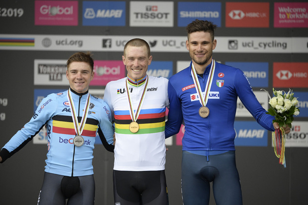 Die Top drei vom Einzelzeitfahren: Remco Evenepoel, Rohan Dennis und Filippo Ganna (v.l.).