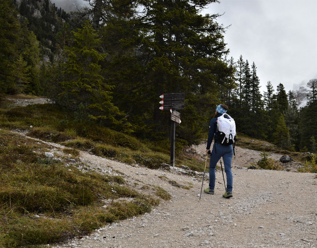 Hinauf zum Gipfel führt dieser Grat. Am Weg zur Kaserill-Alm zweigen wir bei diesem Schilderbaum nach links in Richtung Tullen ab.
