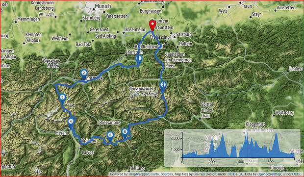 Fünf Tage, drei Länder, sechs Alpenpässe über 2000 Meter und 919 km. Tag 1: von Traunstein nach Innsbruck. 2. Tag: Sölden. 3. Tag: übers Timmelsjoch bis nach St. Ulrich in Gröden. 4. Tag: über Cortina bis Heiligenblut. 5. Tag: zurück nach Traunstein.