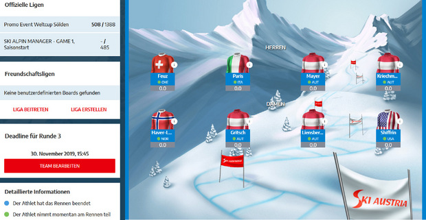 Jeder Spieler muss sich vier Skifahrerinnen und vier Skifahrer auswählen.