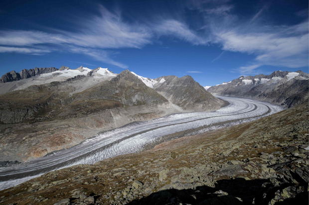 Der Aletschgletscher in der Schweiz könnte mit Ende dieses Jahrhunderts verschwinden, wenn der Klimawandel gleich fortschreitet.